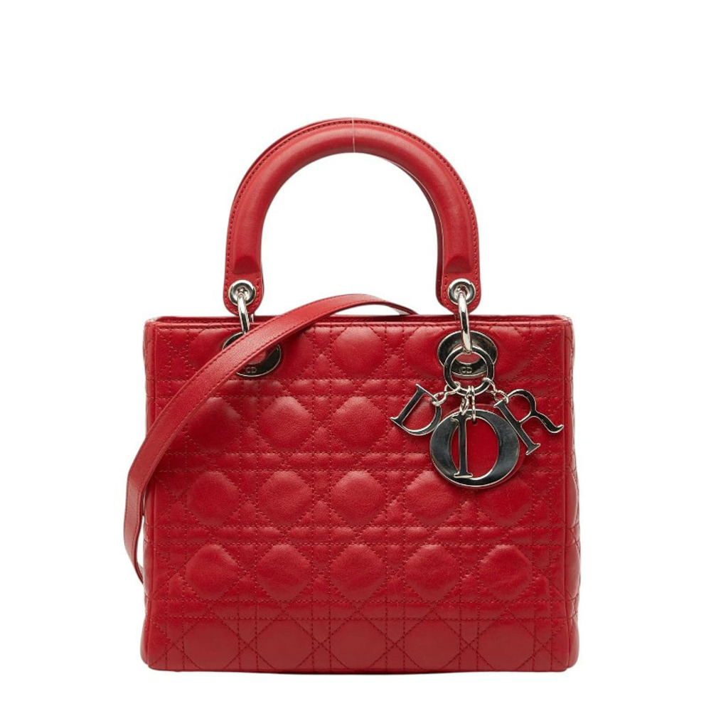 Christian Dior Cannage Lady 2way Shoulder Bag Red Leather